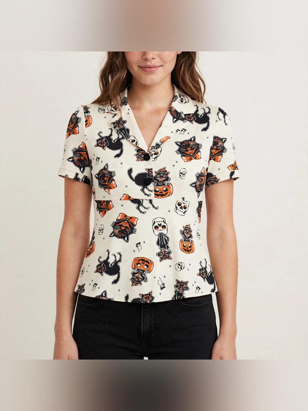 Sourpuss Black Cat Halloween Retro Peplum Polo Shirt Spooky Alternative Top Sz S